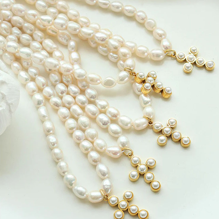 Irregular Shape Natural Pearl Cross Necklace