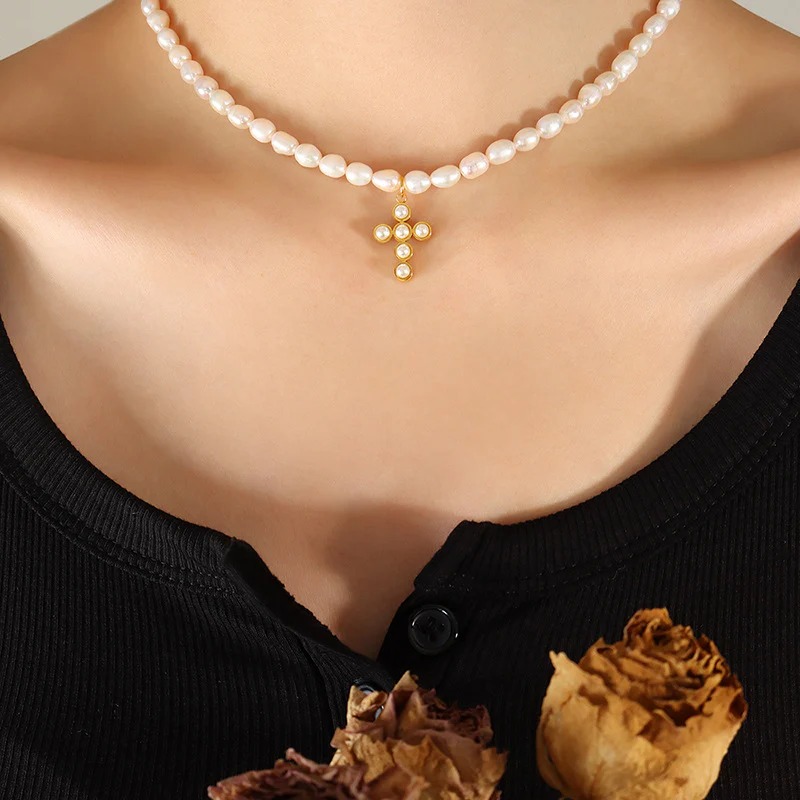 Irregular Shape Natural Pearl Cross Necklace