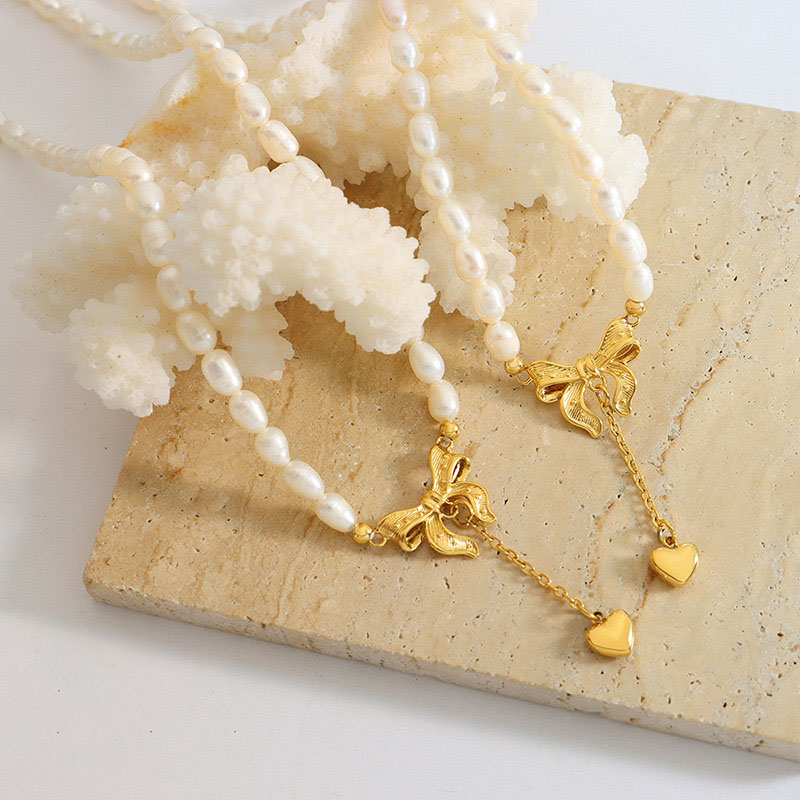 Pearl Heart Bow Pendant Necklace