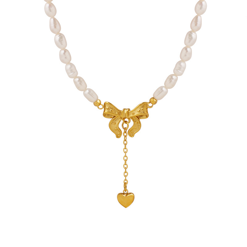 Pearl Heart Bow Pendant Necklace