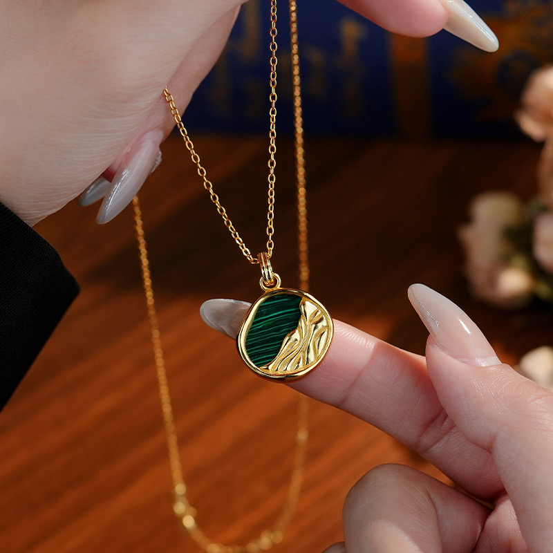 Sterling Silver (14K Plated) Natural Malachite Necklace