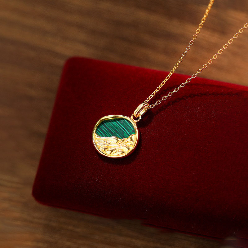 Sterling Silver (14K Plated) Natural Malachite Necklace