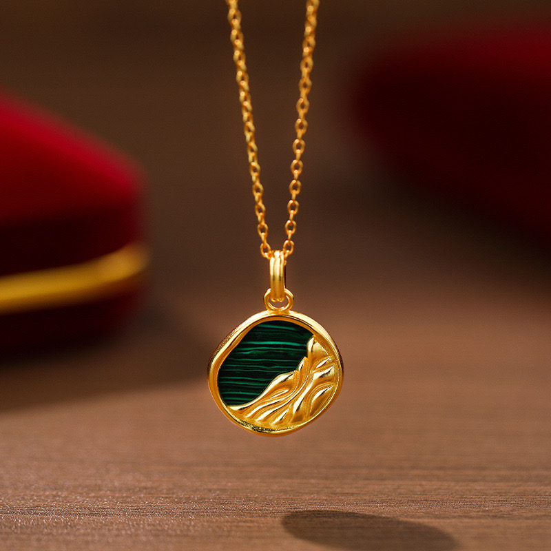 Sterling Silver (14K Plated) Natural Malachite Necklace