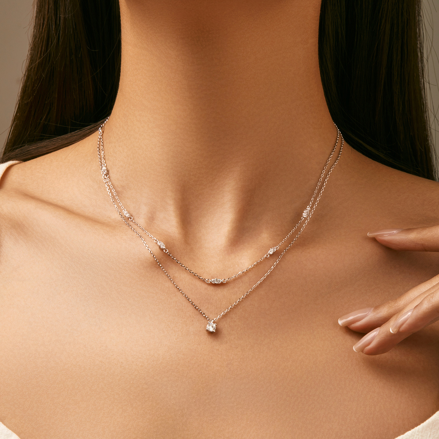 Light luxury D color moissanite double layer silver necklace AL24112493