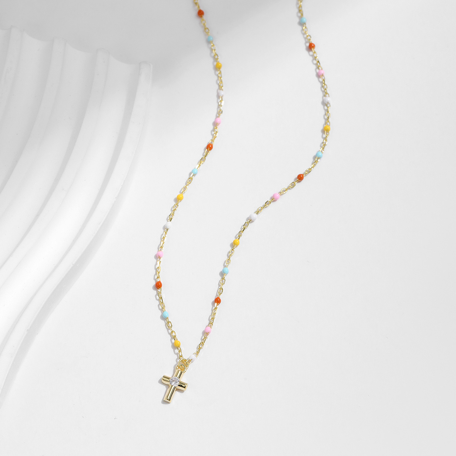 14K Gold Plated Rainbow Bead Cross Necklace