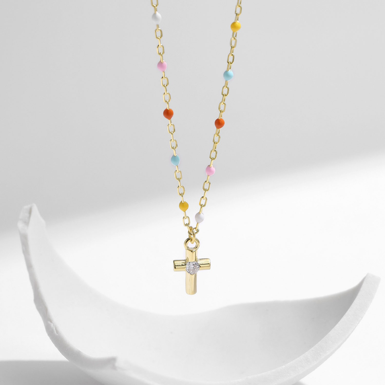 14K Gold Plated Rainbow Bead Cross Necklace