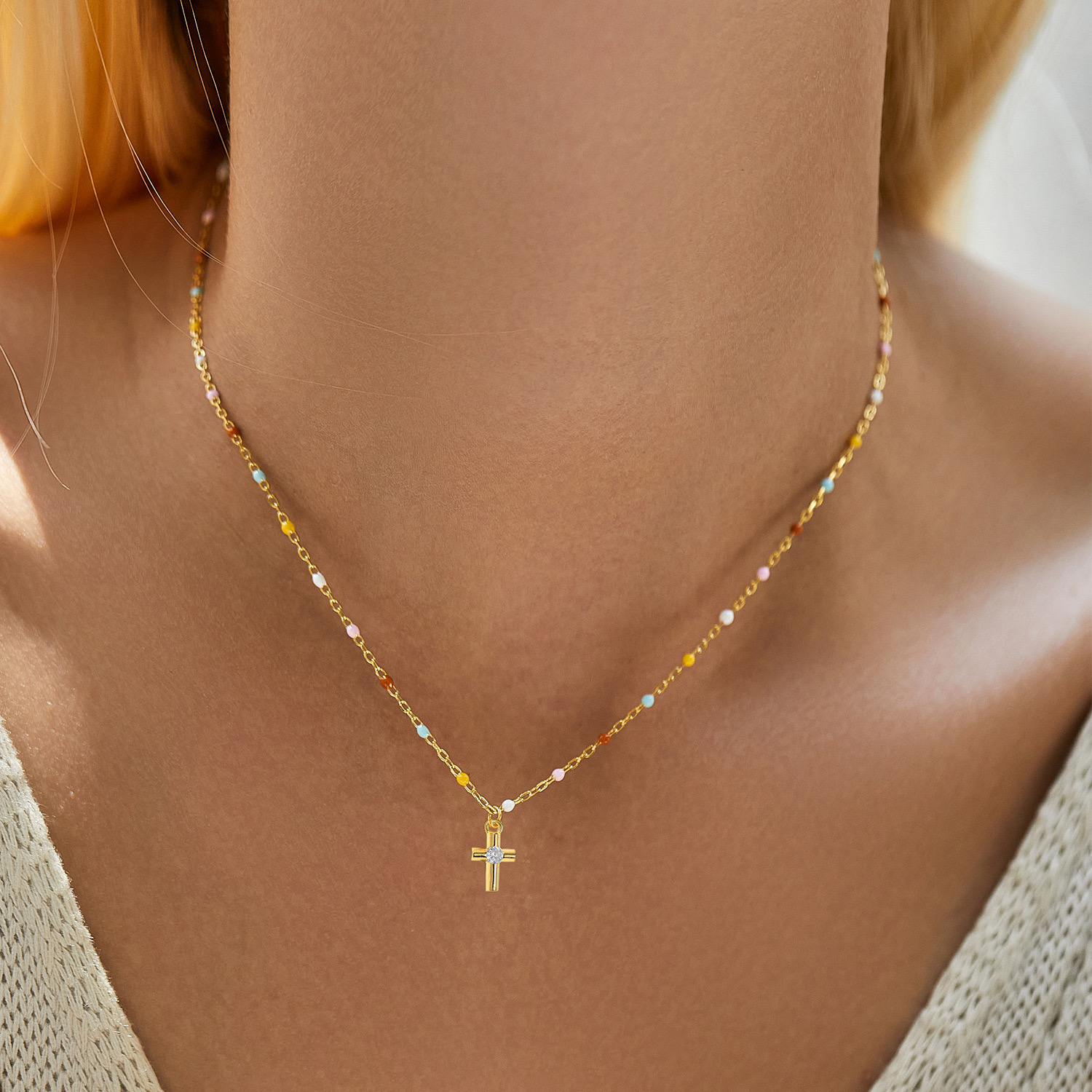 14K Gold Plated Rainbow Bead Cross Necklace
