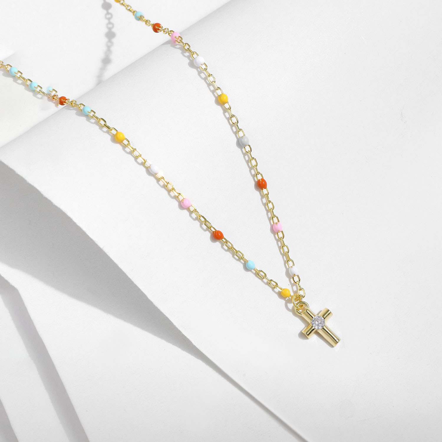 14K Gold Plated Rainbow Bead Cross Necklace