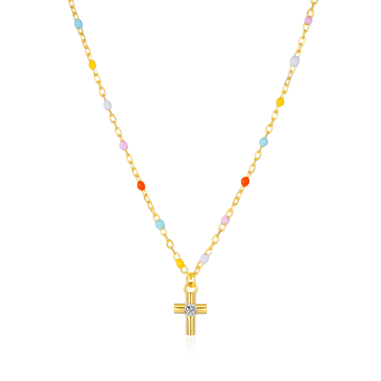 14K Gold Plated Rainbow Bead Cross Necklace