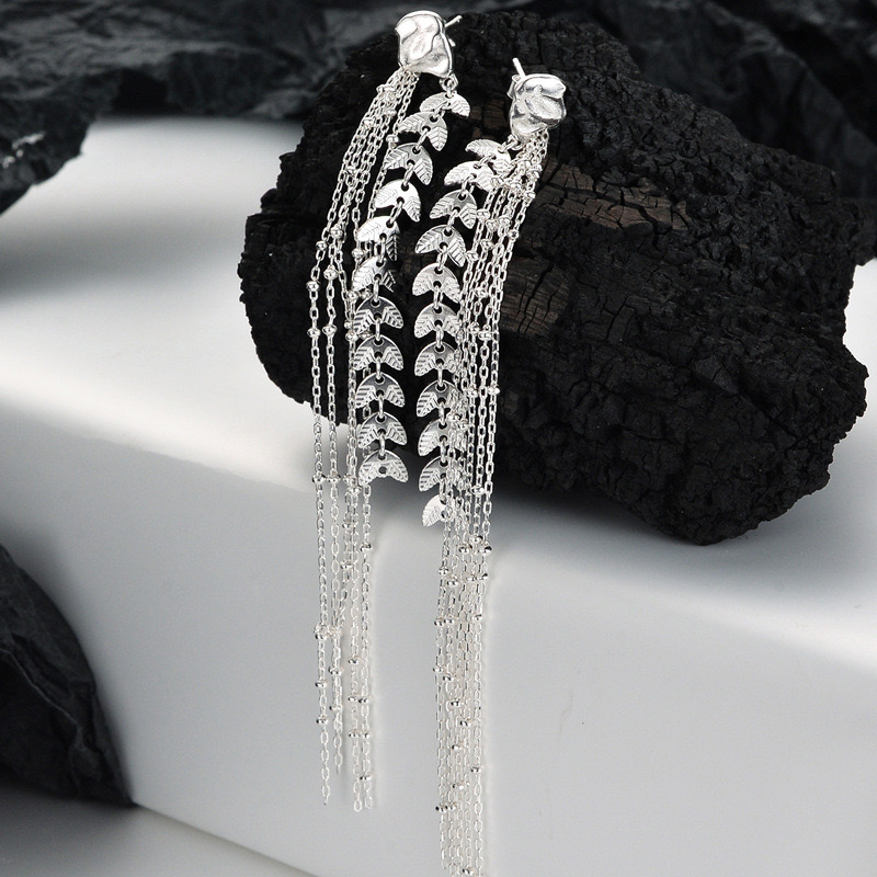 Light luxury silver leaf tassel earrings VU12311209