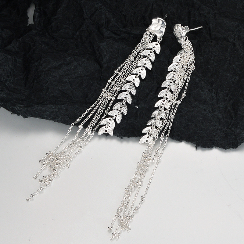 Light luxury silver leaf tassel earrings VU12311209