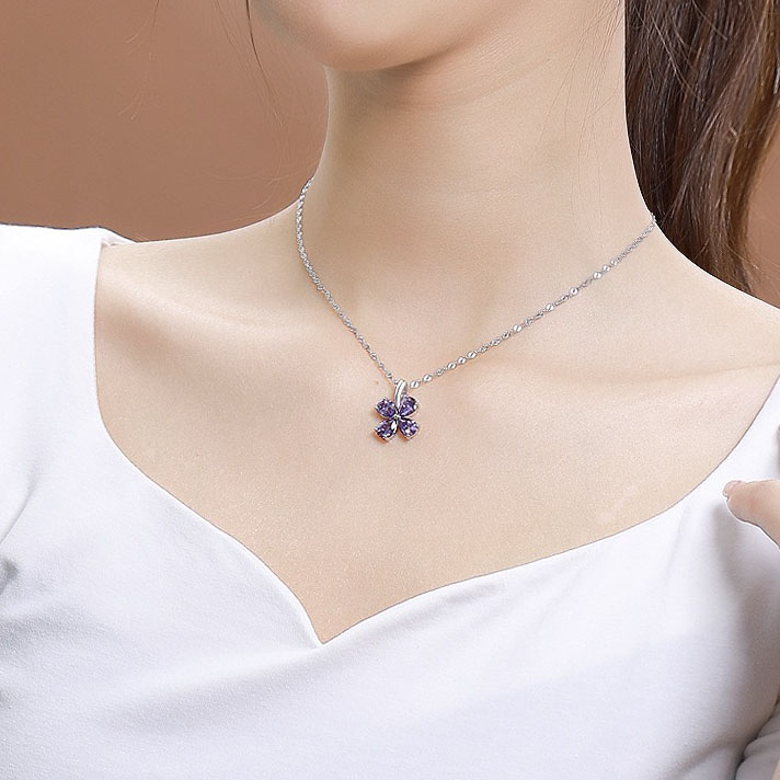 Light luxury good luck four-leaf clover purple zircon necklace NN24120107