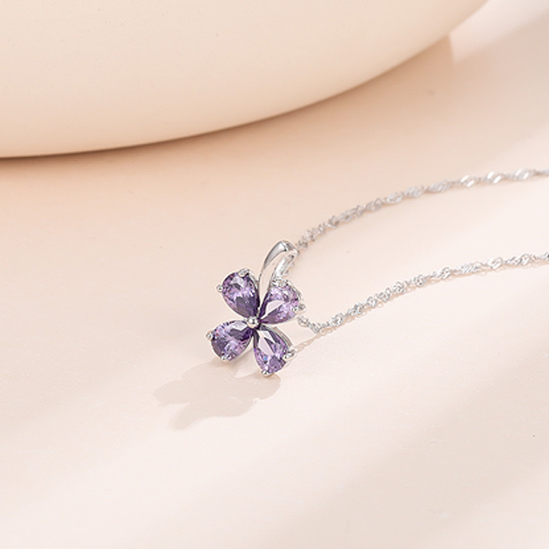 Light luxury good luck four-leaf clover purple zircon necklace NN24120107