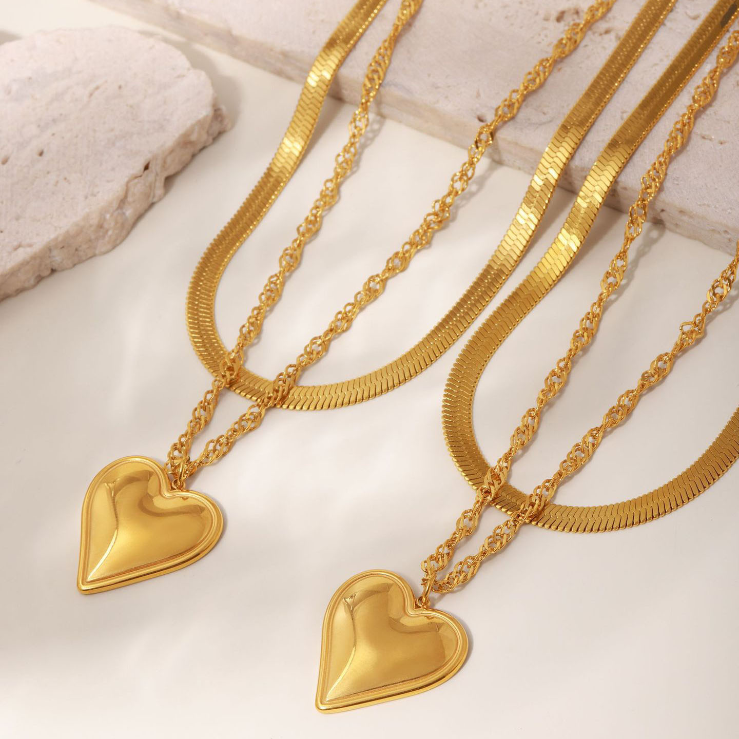 Double layer 18K gold plated heart necklace