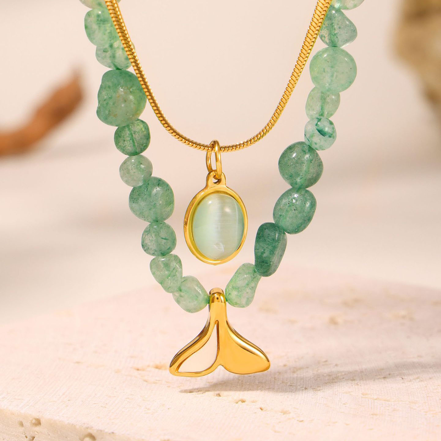 Double layer natural stone fishtail necklace