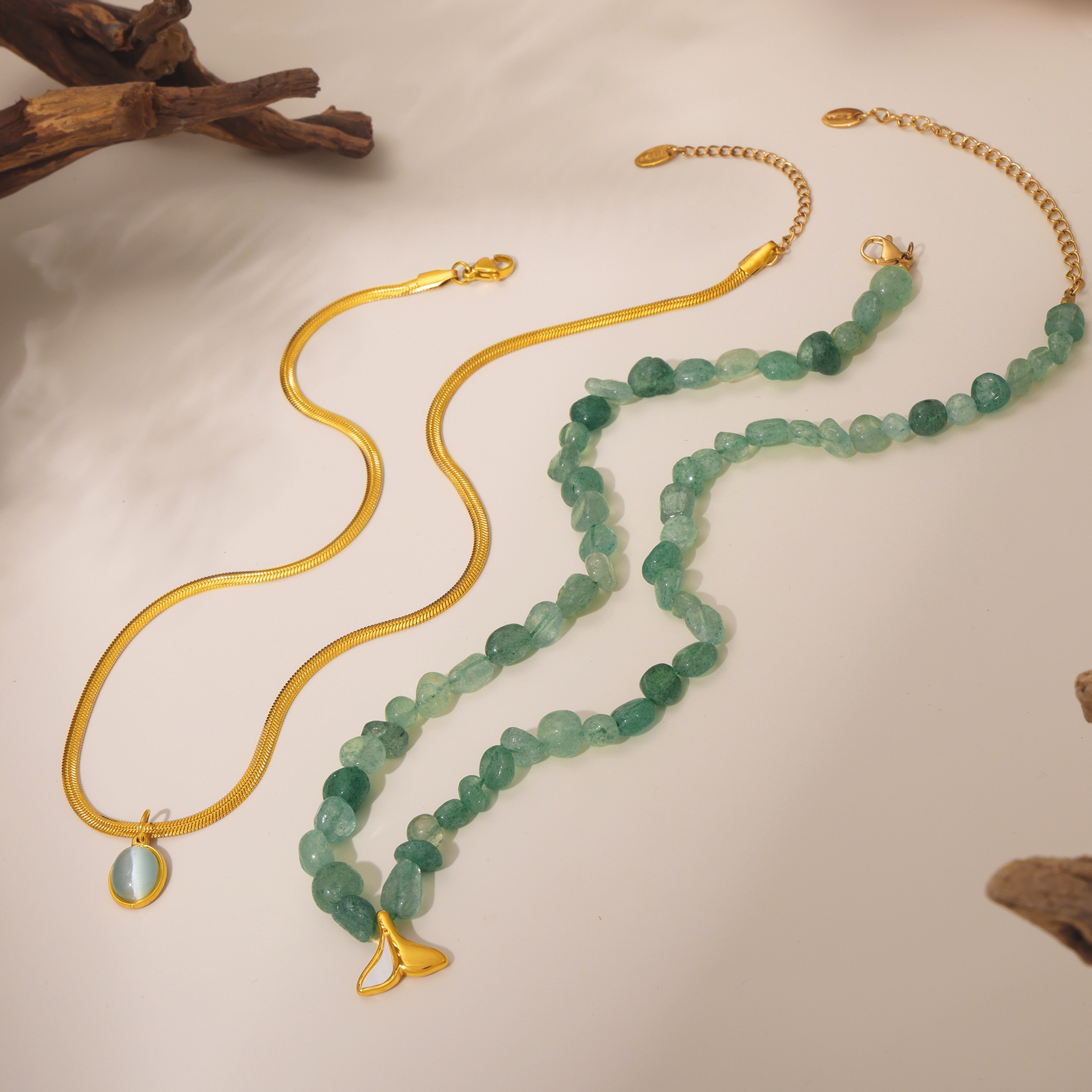 Double layer natural stone fishtail necklace