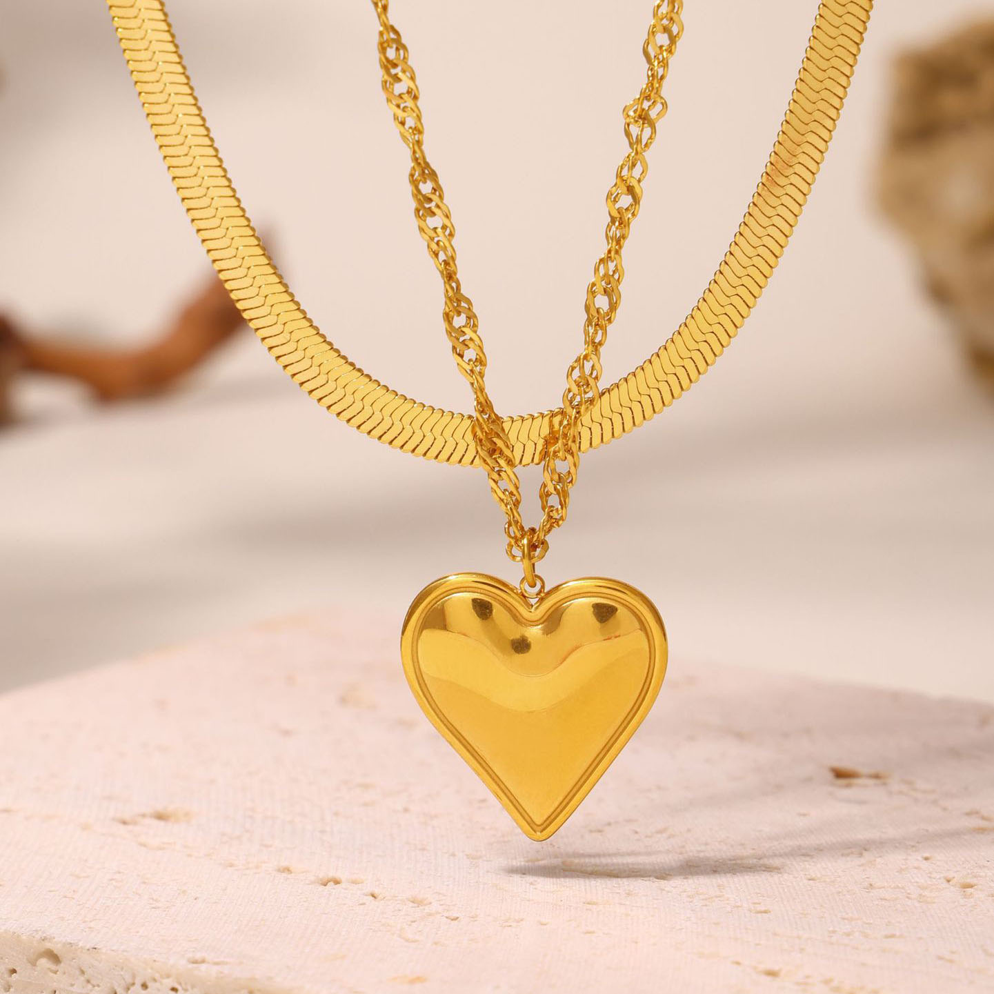 Double layer 18K gold plated heart necklace