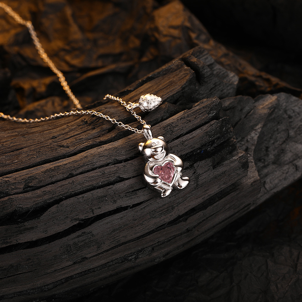 Pink zircon naughty bear necklace
