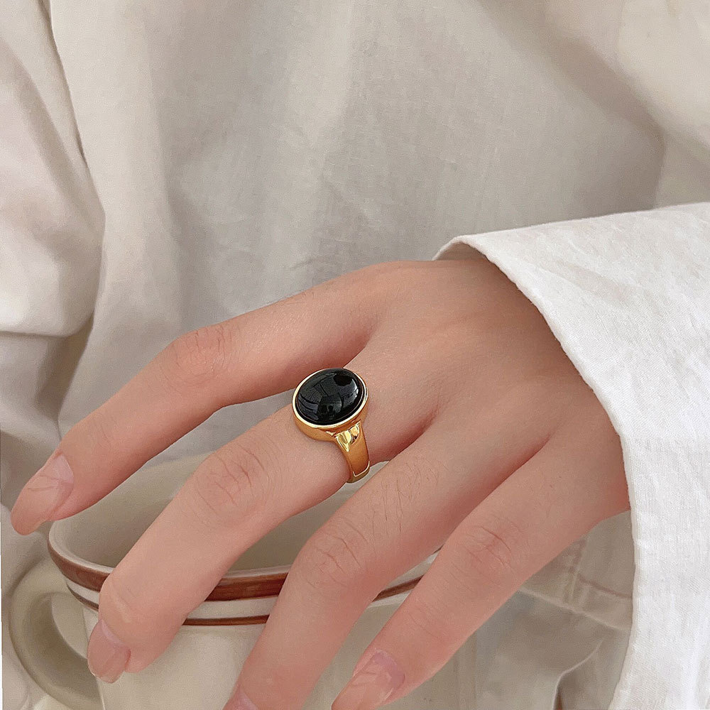 S925 Silver Natural Black Agate Ring
