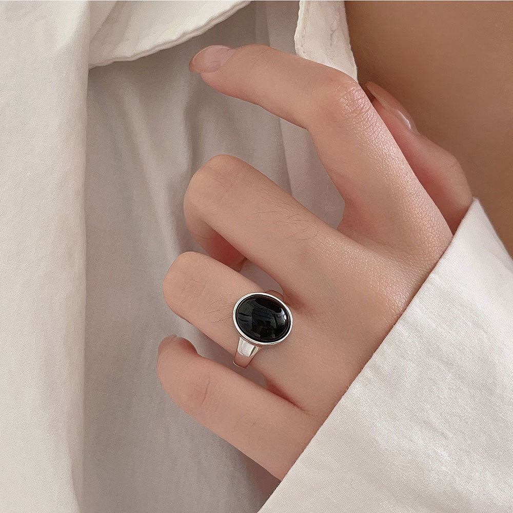 S925 Silver Natural Black Agate Ring