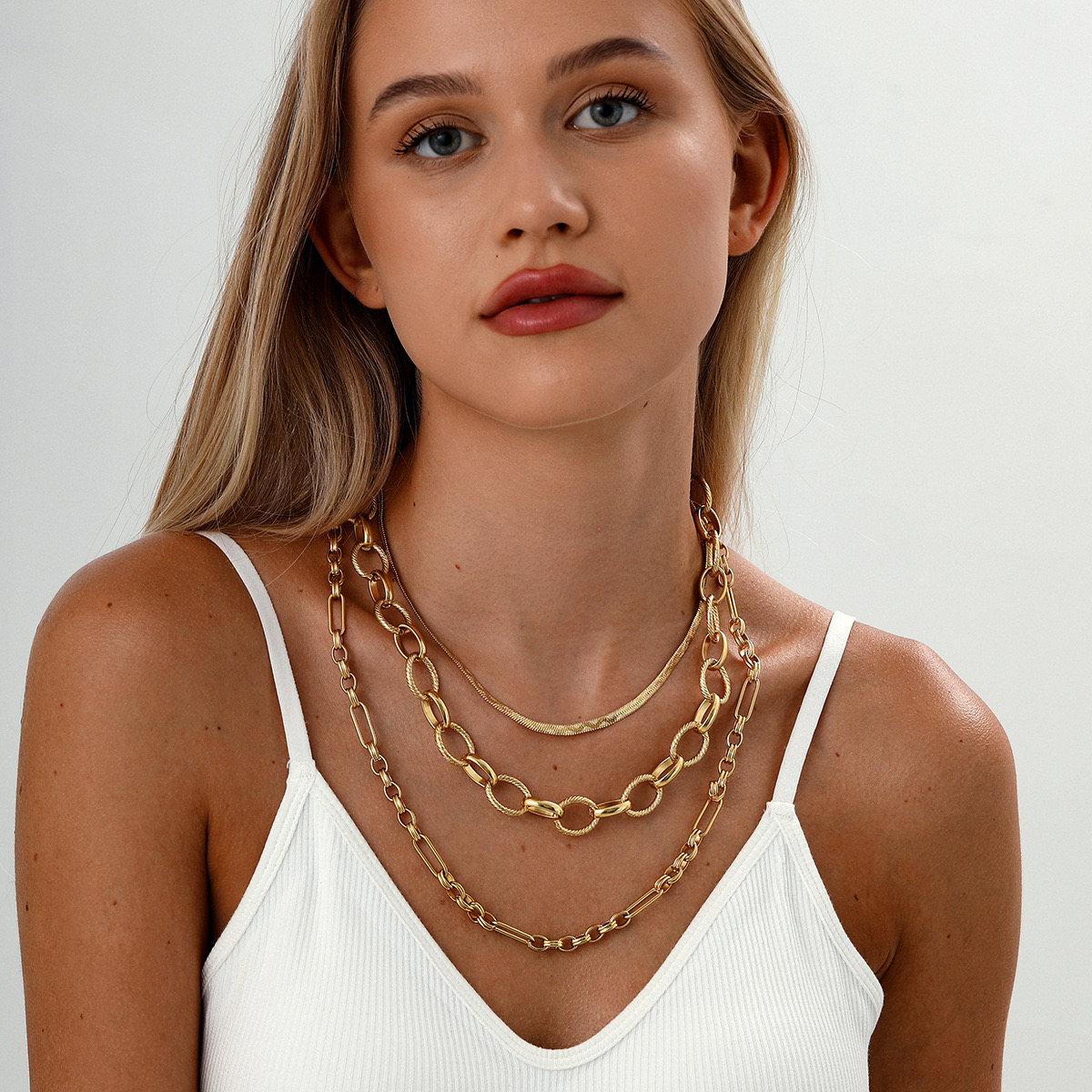 18K gold-plated snake bone 3-layer superimposed necklace