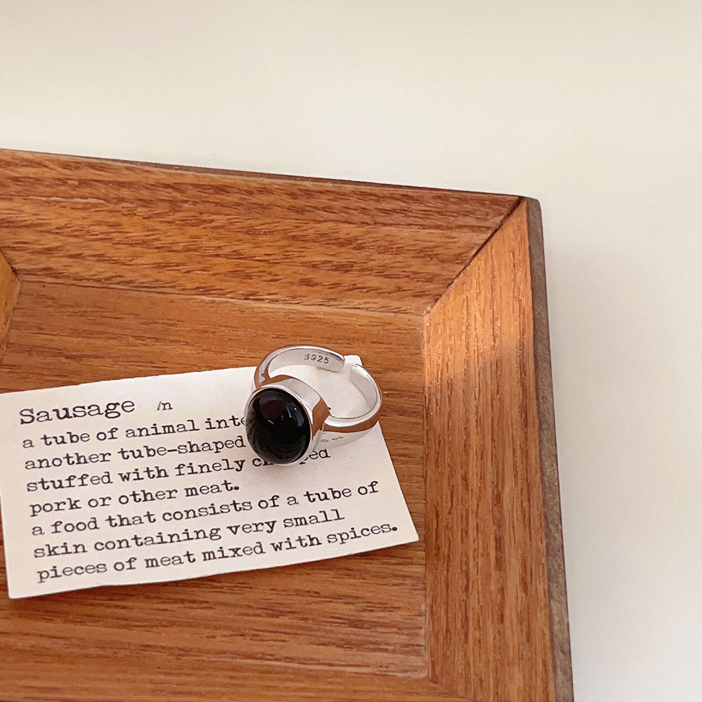 S925 Silver Natural Black Agate Ring