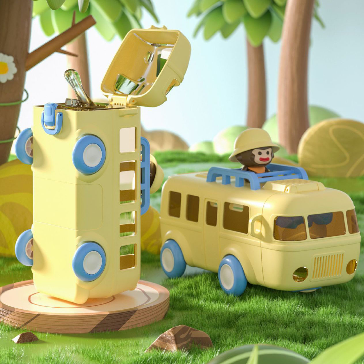 Tragbare Wasserflasche in Busform mit Tragegurt