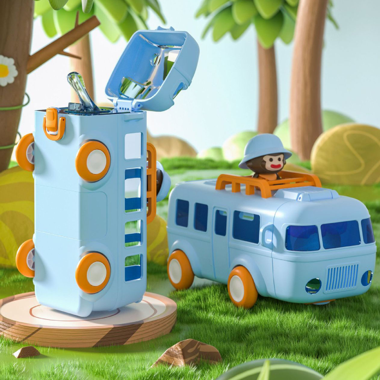 Tragbare Wasserflasche in Busform mit Tragegurt