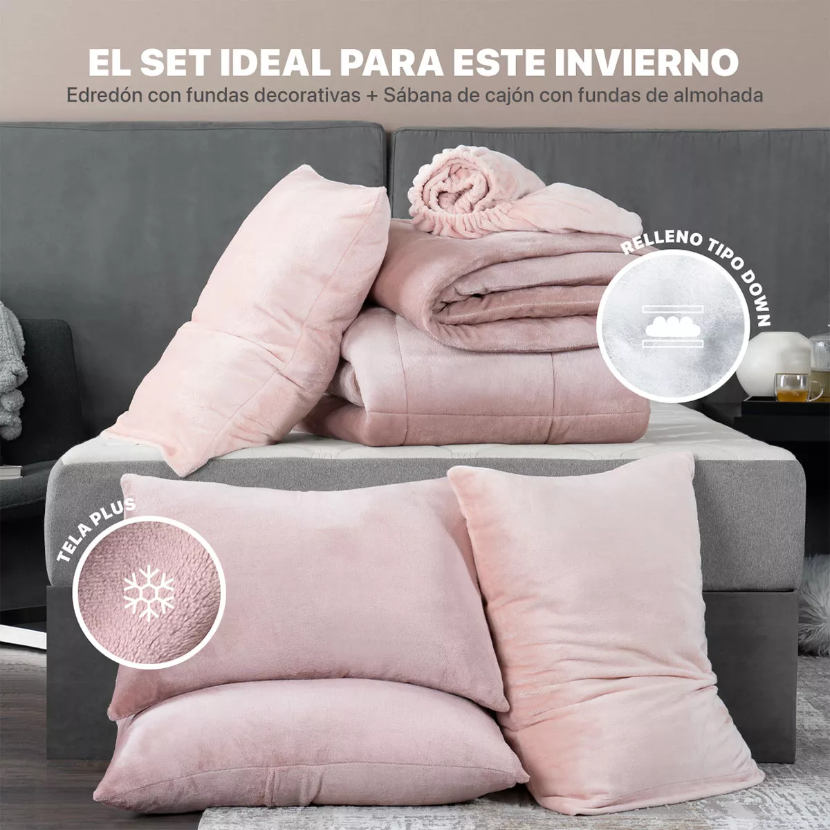 Set Edredón Invernal Matrimonial Esquimal + Fundas De Almohada + Sábana De Cajón, Rosa-rosa Claro