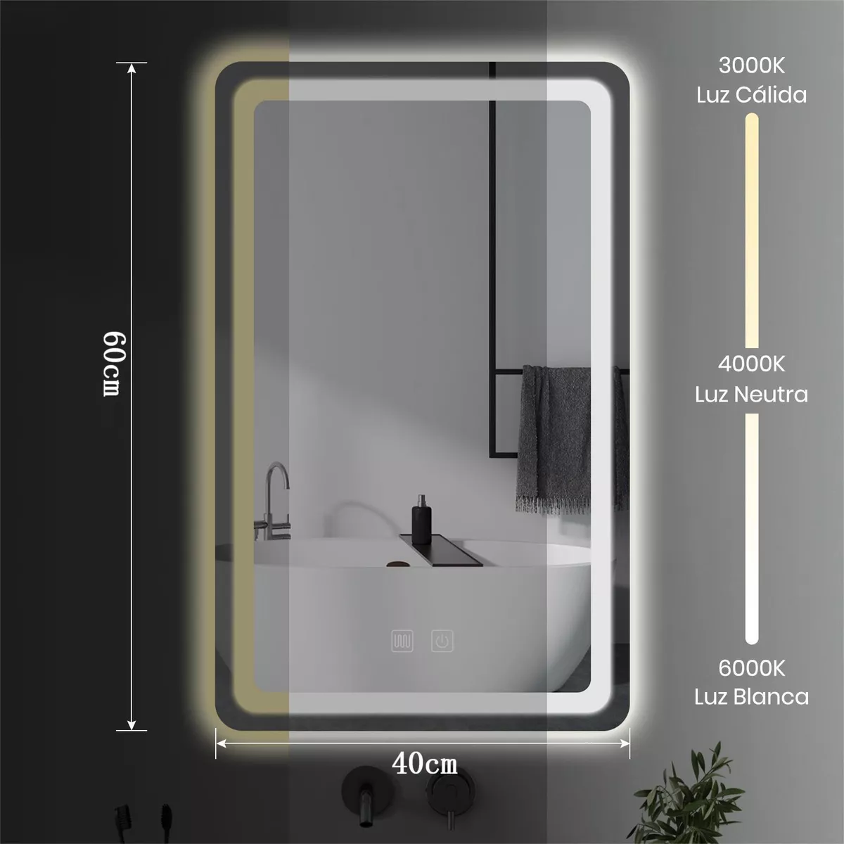 Espejo Inteligente Baño 3modo Touch Moderna 40*60cm Antivaho