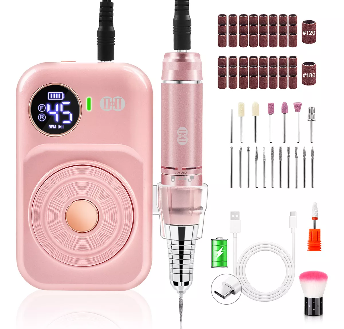 Pulidor Esmeril Uñas Taladro 45000rpm Recargable Ciicii Dril,pulidora De Unas Profesional Rosa, 2400mah Y Equipado Con 12 Tipos De Taladros 36w Professional-drill Uñas