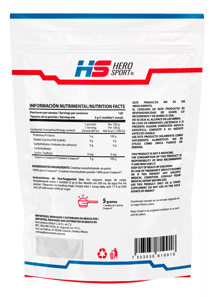 Hero Sport Creatina Monohidratada Creapure 600g 120 Servs Sabor Sin sabor