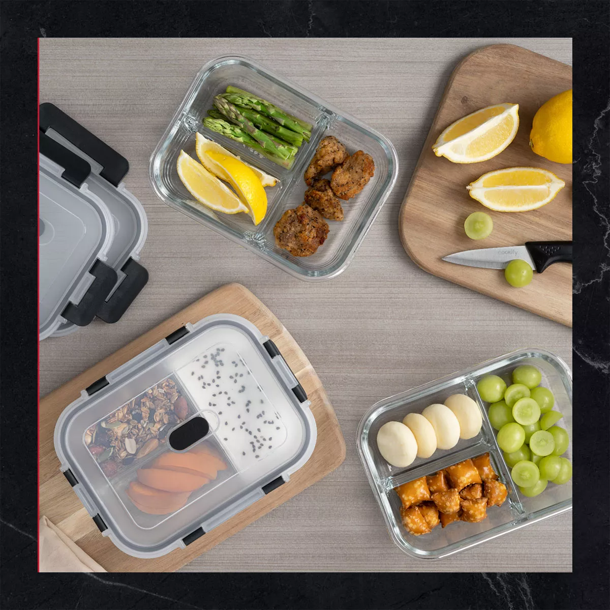 Set 3 Contenedores De Vidrio Con Divisiones Recipientes Herméticos Cookify | Tapas Con Válvula | Toper Aptos Para Horno Y Congelador | Sin Bpa