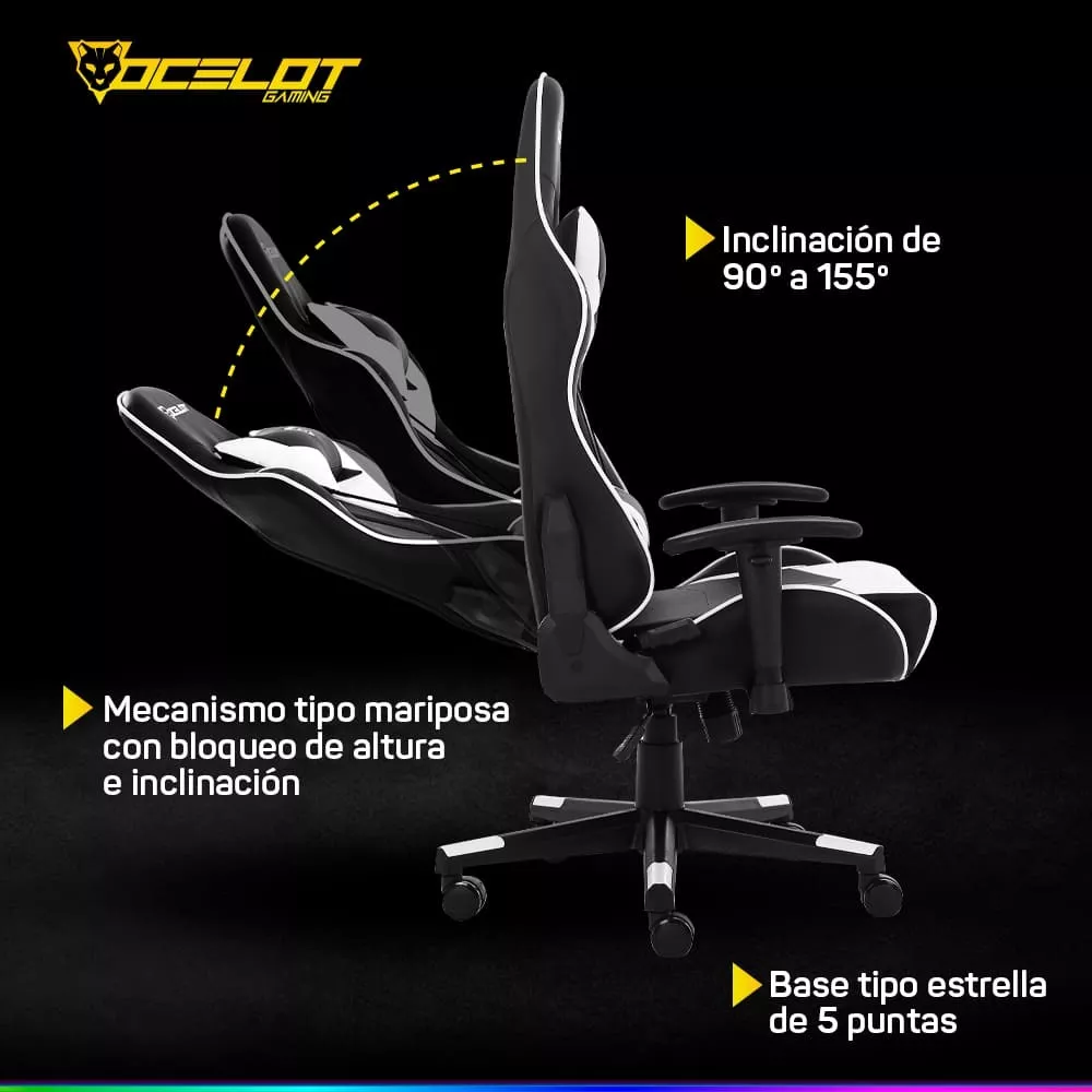 Silla Gamer Ocelot Ergonómica Descansa Brazos Ajustables Reclinable 90-155 grados Color Negro y Blanco OSB-04