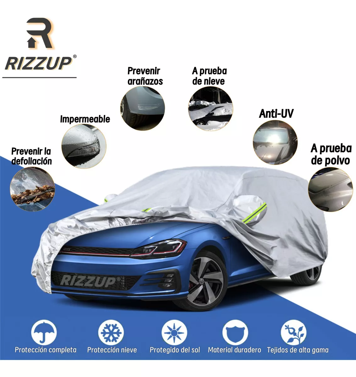 Rizzup® 4.15m Cubierta Funda Protector Hatchback Para Carro Sedán Pequeño Anti Polvo Sol Viento Lluvia Reflejante Para Automovil Coche Cubre Carro 100% Impermeable