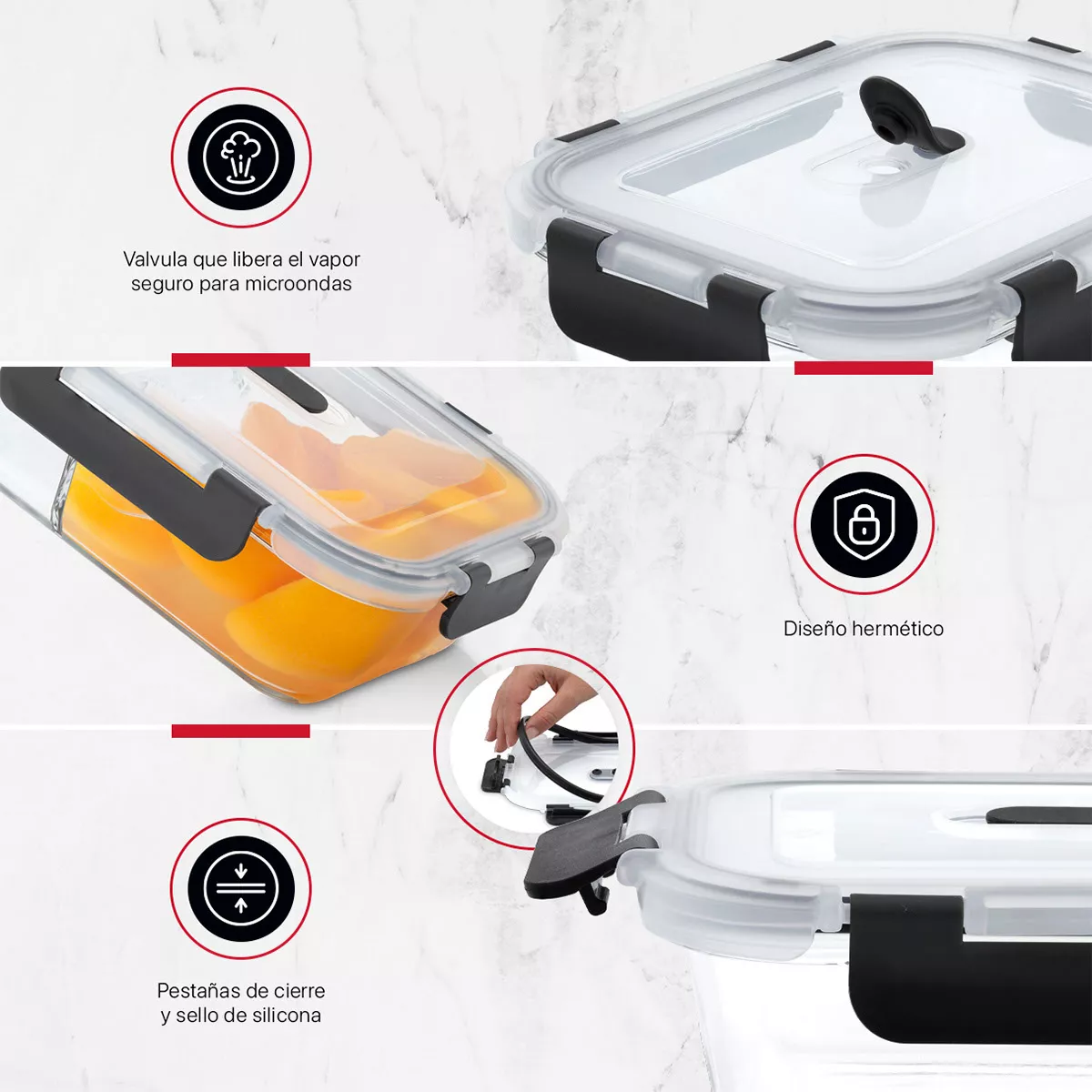 Set 3 Contenedores De Vidrio Con Divisiones Recipientes Herméticos Cookify | Tapas Con Válvula | Toper Aptos Para Horno Y Congelador | Sin Bpa