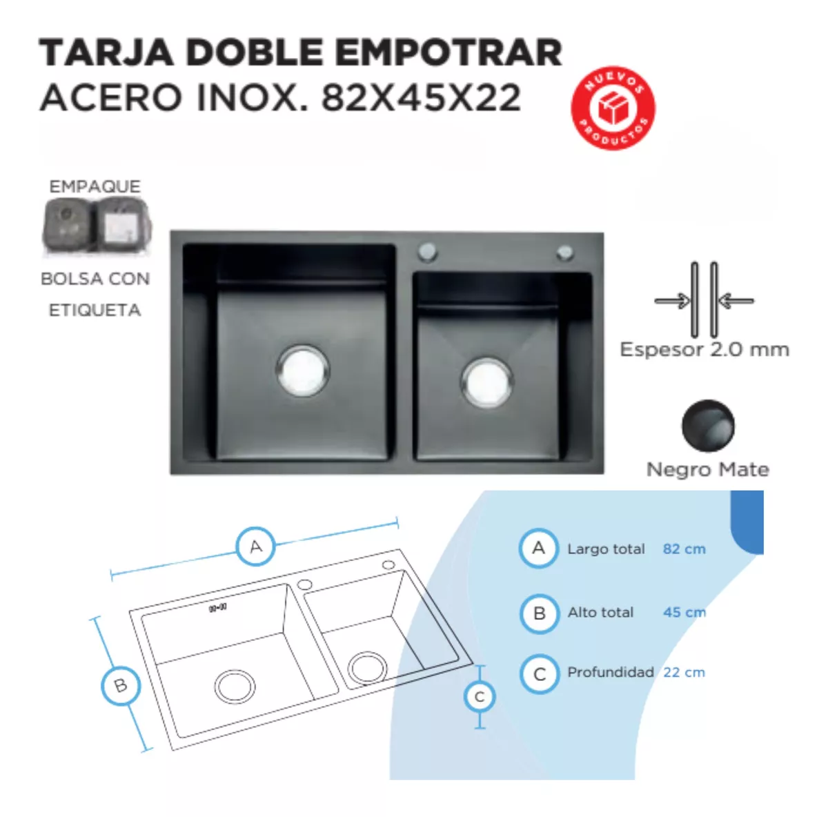 Tarja Doble Tina En Acero Inoxidable 82 Cm X 45 Cm Cocina