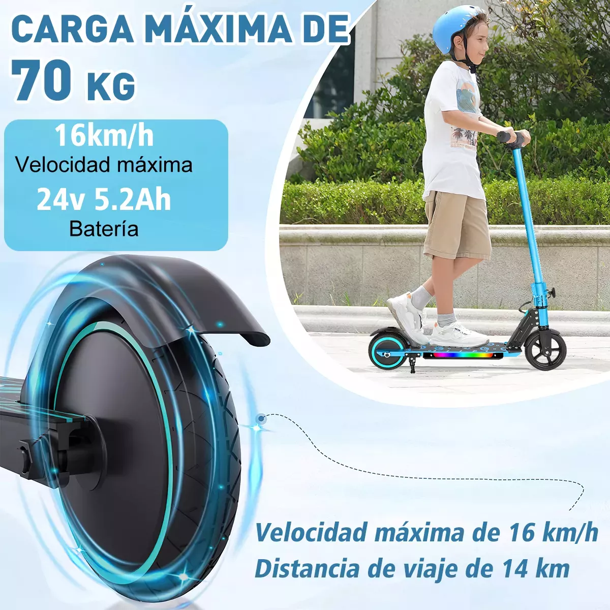 Scooter Patín Eléctrico Led 250w 16km/h 5.2ah Con Rodilleras