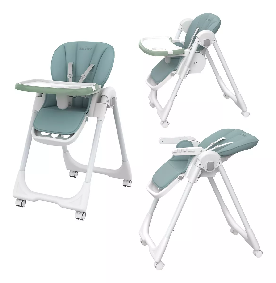 Sejoy GY02 Silla Periquera Para Comer De Bebe Alta Plegable Ajustable Con Ruedas 1-3 Años Color Verde