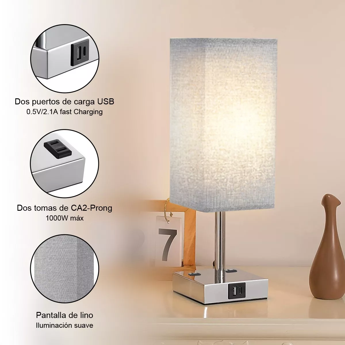 Usb A+c Touch Luz De Noche Lámpara De Mesa Y Enchufe Lámpara