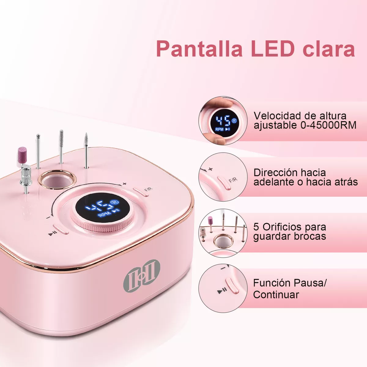 Ciicii Pulidor Esmeril Taladro De Uñas Profesional 45000rpm, Taladro De Uñas Eléctrico Con Led Para Técnicos De Uñas Profesionales O Principiantes