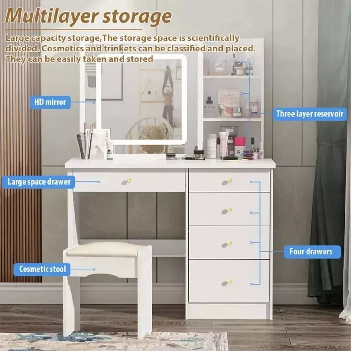 Tocador Vanity Multifuncional Moderno Con Espejo Led Y Banco