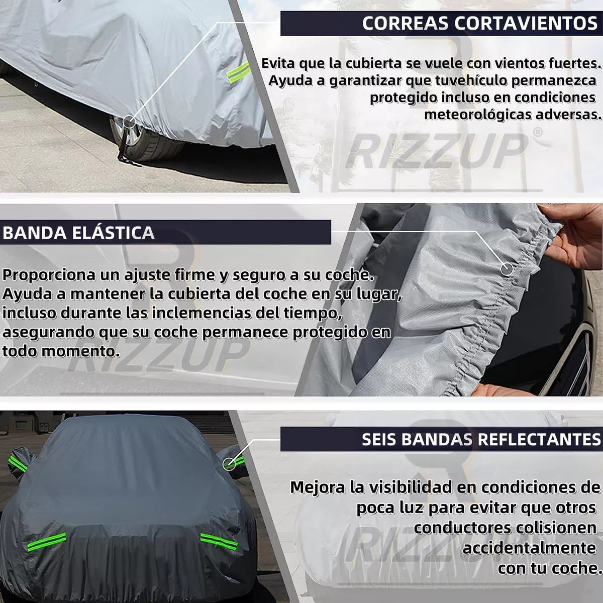 Rizzup® 4.15m Cubierta Funda Protector Hatchback Para Carro Sedán Pequeño Anti Polvo Sol Viento Lluvia Reflejante Para Automovil Coche Cubre Carro 100% Impermeable