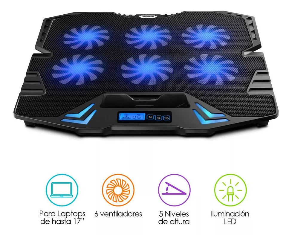 Ventilador y Soporte para Laptop Gamer con Luz LED, Base Ajustable para Laptop de 9” a 17”, 5 Niveles de Inclinación, Enfriador Antideslizante con 6 Ventiladores y 6 Velocidades, 2 Puertos USB