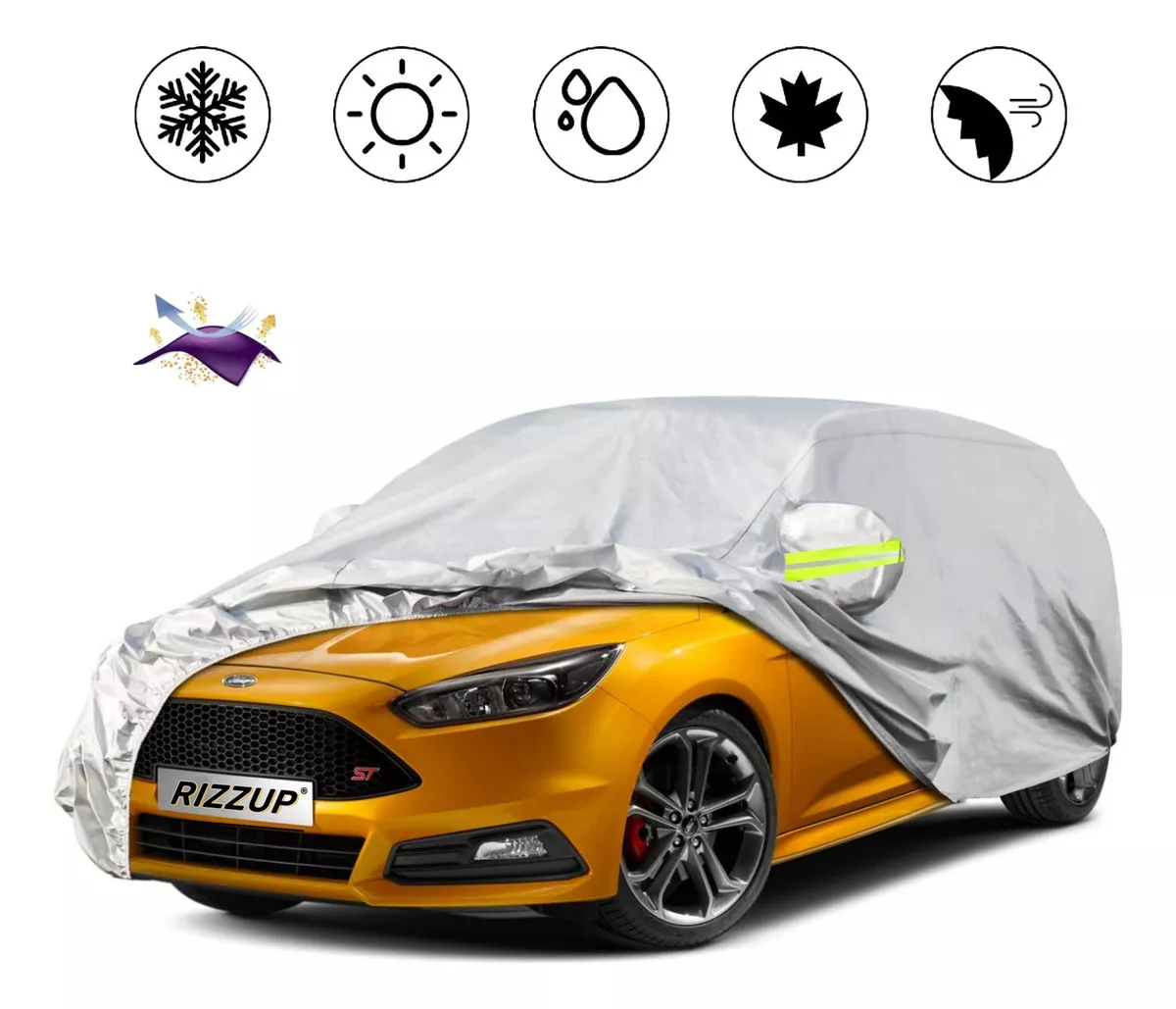 Rizzup® 4.15m Cubierta Funda Protector Hatchback Para Carro Sedán Pequeño Anti Polvo Sol Viento Lluvia Reflejante Para Automovil Coche Cubre Carro 100% Impermeable