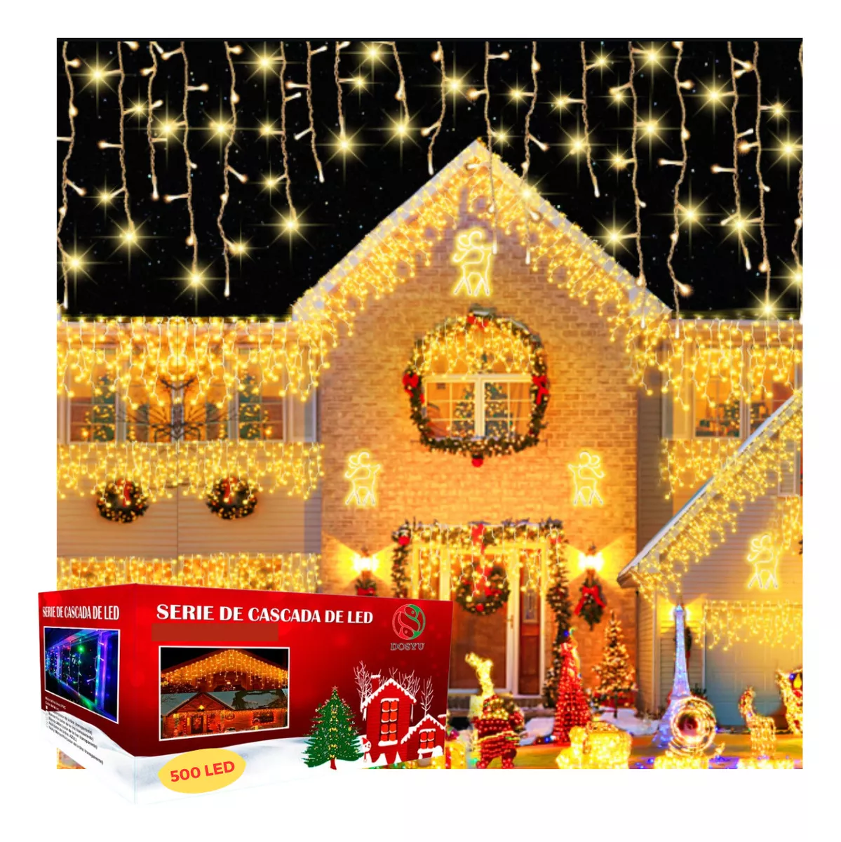 Cascada Serie Navideña De Luces Led Color Blanco Cálido 500 Focos 9 Metros 8 Modos De Iluminación Multiconexión Adorno Para Hogar De Navidad