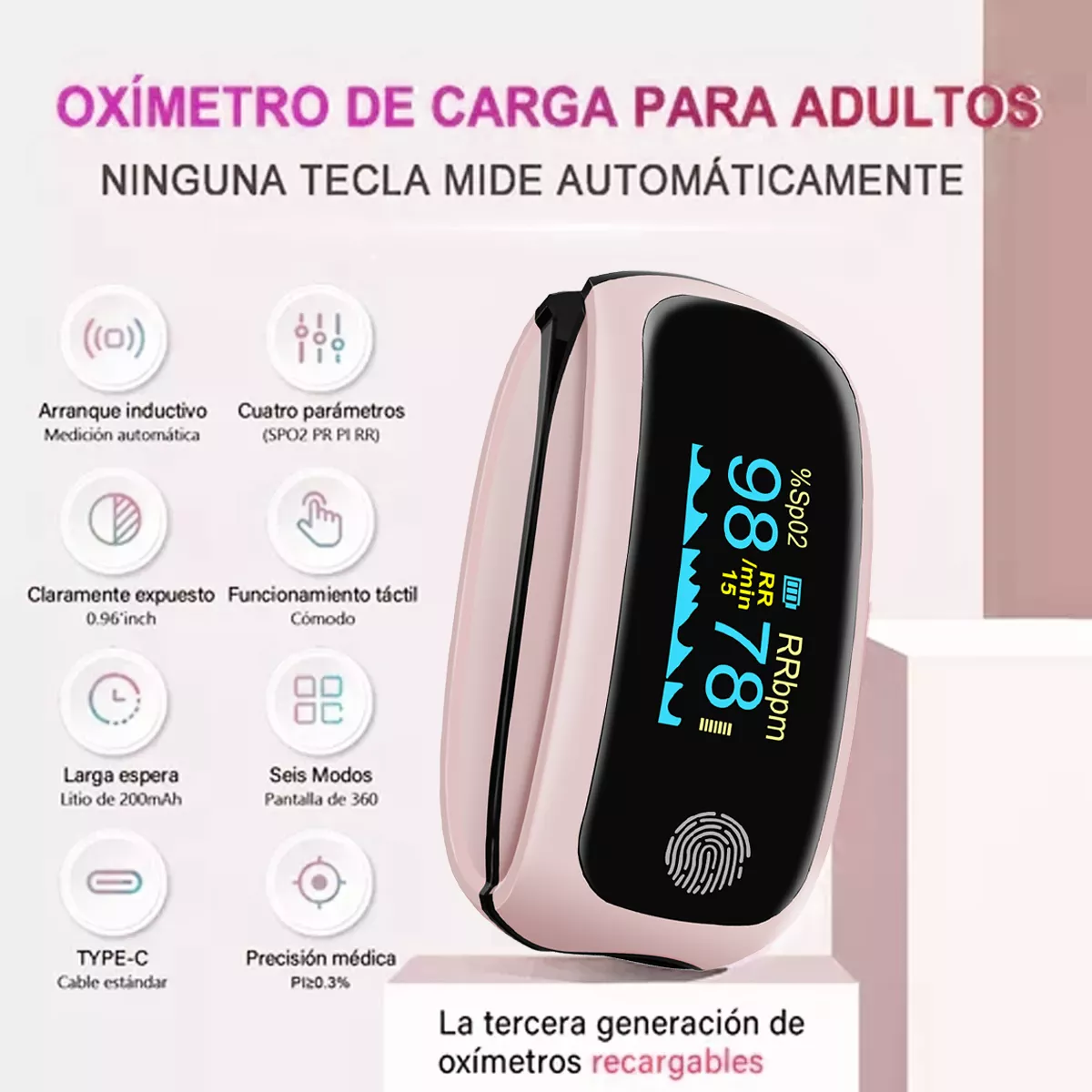 Recargable Usbc Con Oximetro De Dedo Instrumento Inteligente