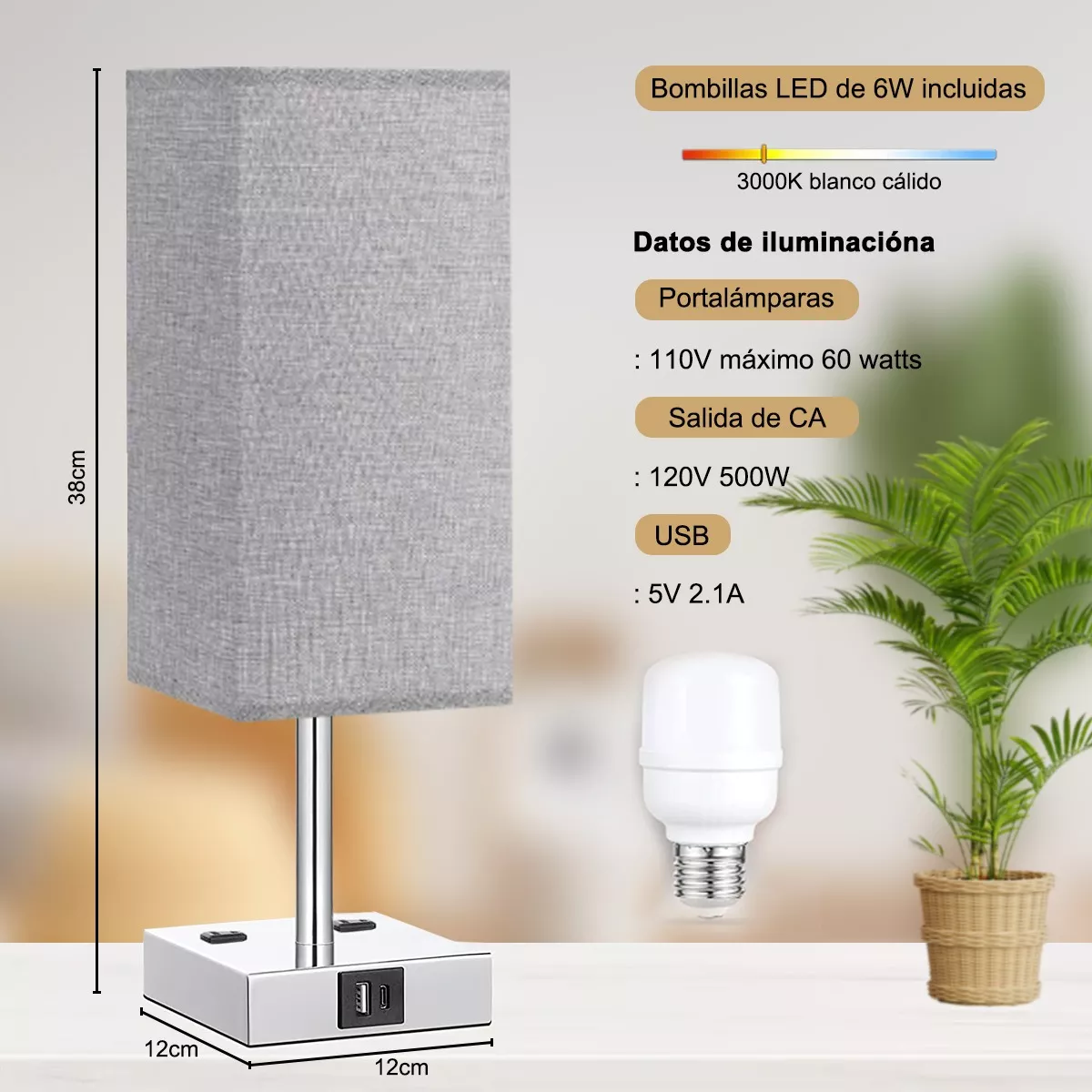 Usb A+c Touch Luz De Noche Lámpara De Mesa Y Enchufe Lámpara