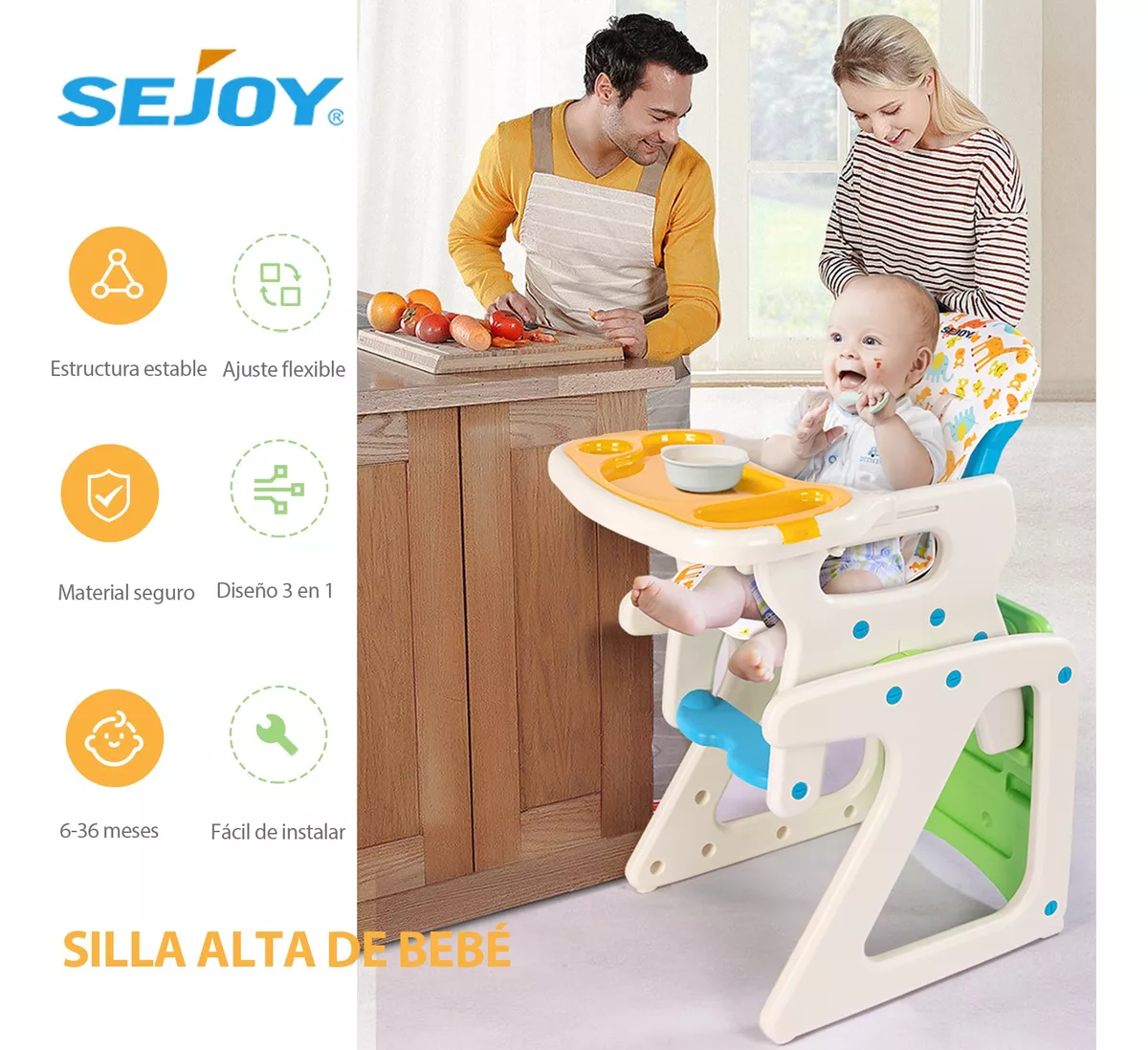 Sejoy Silla Comer Bebé Gy01-gree Plegable 3 En 1 Ajustable