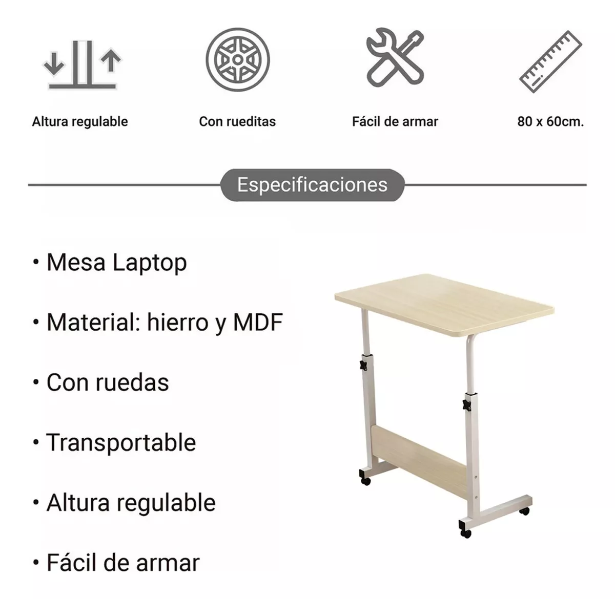 Escritorio Móvil Regulable En Altura Con Ruedas Mesa Auxilia